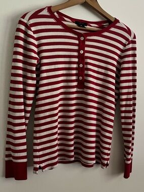 J. Crew Red and White Striped Henley Top
